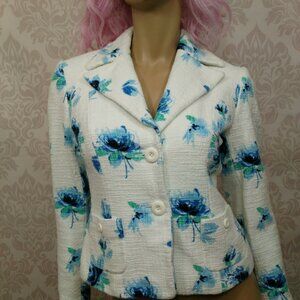 Vintage 90s Y2K Wide Collar Blazer Blue Floral Casual Corner Sz 4 White Cotton